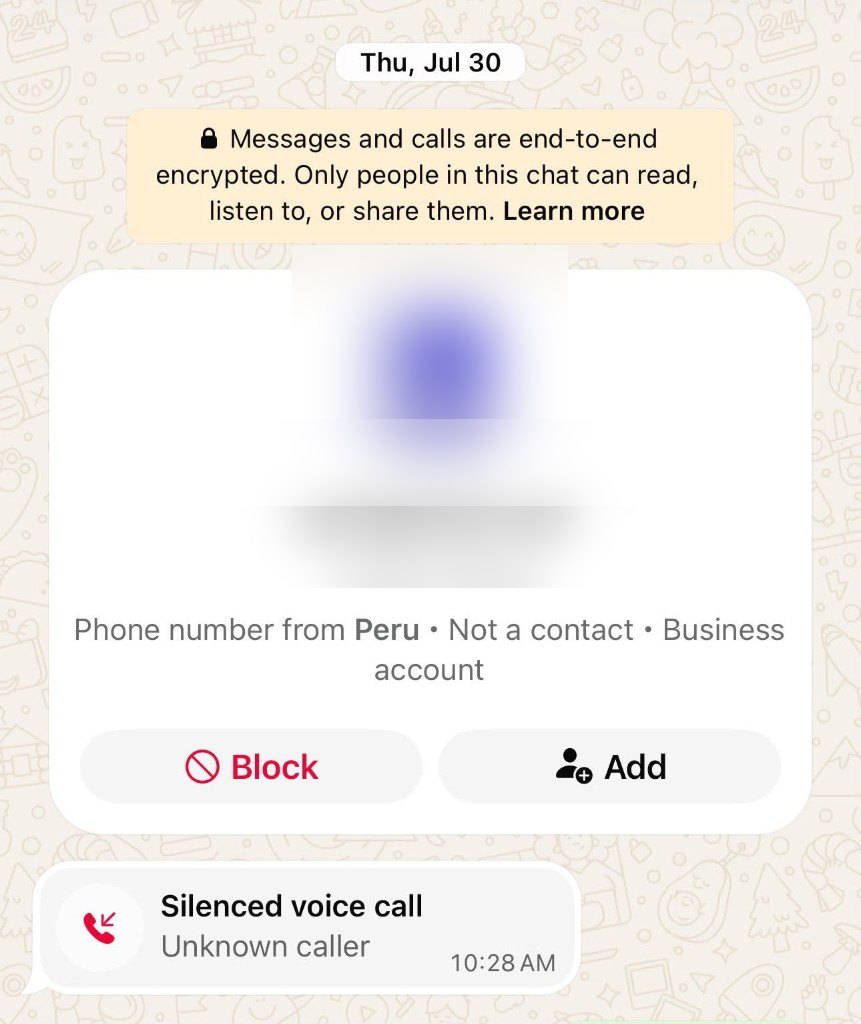 WhatsApp screen for an unknown business number with a red Block button. Phone and company logo are blurred.